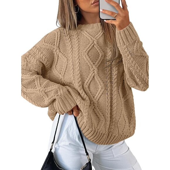 Sweaters - Trendy Queen camel Women's Oversized Cable Knit Crewneck Sweaters